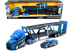 Mack Anthem Open Car Hauler Blue with Graphics and 1993 Chevrolet 454 SS Pickup Truck Blue with Graphics "Toyo Tires" "Transporters" Series 1/64 Diecast Models by Maisto