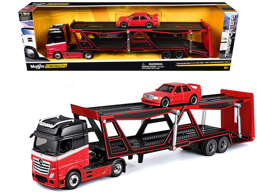 Mercedes-Benz Actros Open Car Hauler Red and Black with White Stripes and 1990 Mercedes-Benz 190E Red "Transporters" Series 1/64 Diecast Models by Maisto
