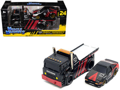 JDM Flatbed Truck #25 Black and Red and 1983-85 Toyota Trueno Sprinter (AE86) #25 Black and Red "Advan" Livery "Muscle Transports" Series 1/64 Diecast Models by Muscle Machines