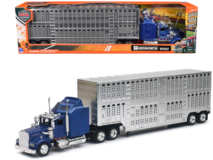 Kenworth W900 Truck Blue with Potbelly Livestock Trailer Chrome "Long Haul Truckers" Series 1/43 Diecast Model by New Ray