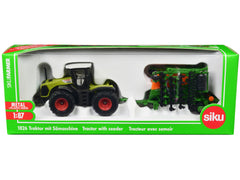 Claas Xerion 5000 Tractor Green with Gray Top and Amazone Cayena 6001 Seeder 1/87 (HO) Diecast Model by Siku
