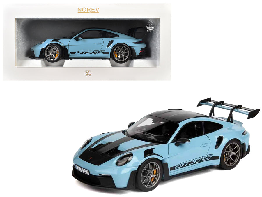 2022 Porsche 911 GT3 RS Weissach Pack Gulf Blue with Carbon Top and Hood Stripes 1/18 Diecast Model Car by Norev