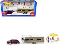 Porsche Macan Turbo Maroon Metallic and Dethleffs Exclusiv Emotion Caravan with Figures and Camp Accessories Set 1/55 Diecast Model by Siku