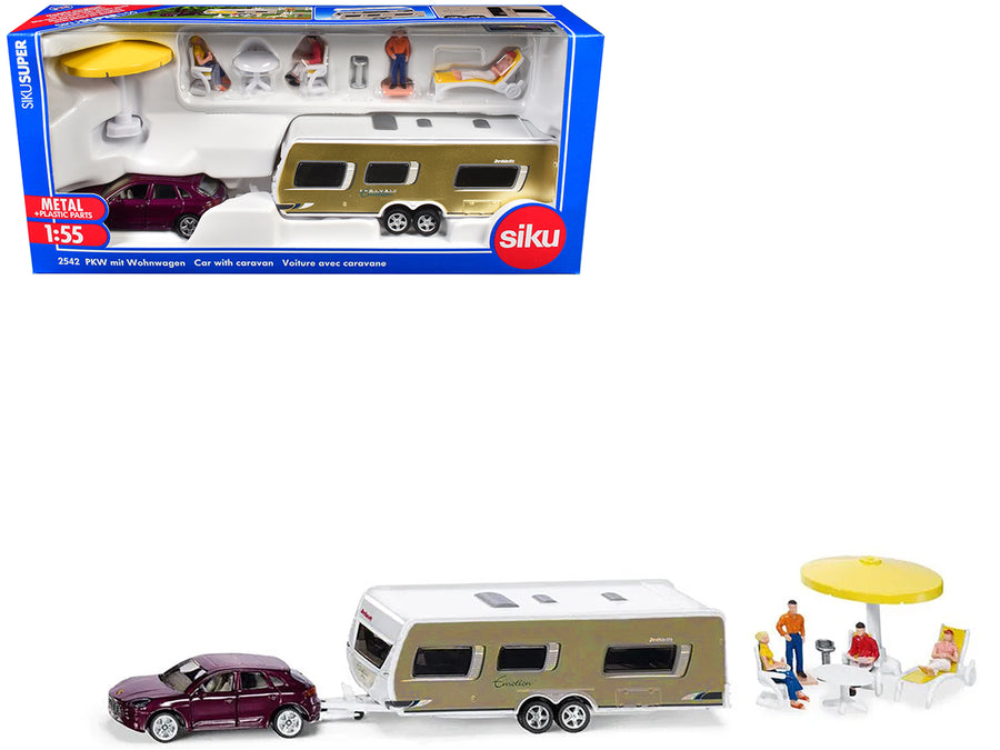 Porsche Macan Turbo Maroon Metallic and Dethleffs Exclusiv Emotion Caravan with Figures and Camp Accessories Set 1/55 Diecast Model by Siku