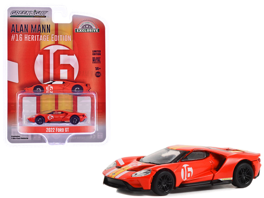 2022 Ford GT Heritage Edition #16 Alan Mann "1966 Ford AM GT-1 Prototype Tribute" Red with Stripes "Hobby Exclusive" Series 1/64 Diecast Model Car by Greenlight