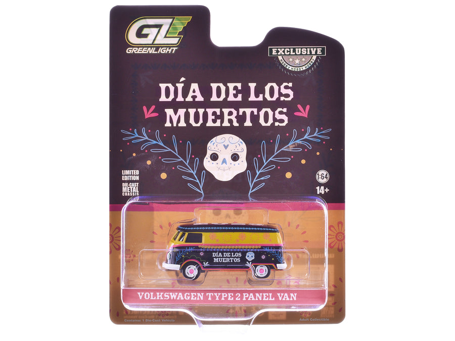 Volkswagen Type 2 Panel Van "Dia de los Muertos 2025" Black and Yellow with Graphics "Hobby Exclusive" Series 1/64 Diecast Model Car by Greenlight