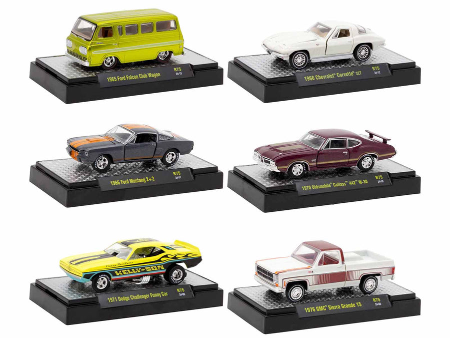 "Auto Meets" Set of 6 Cars IN DISPLAY CASES Release 75 Limited Edition 1/64 Diecast Model Cars by M2 Machines