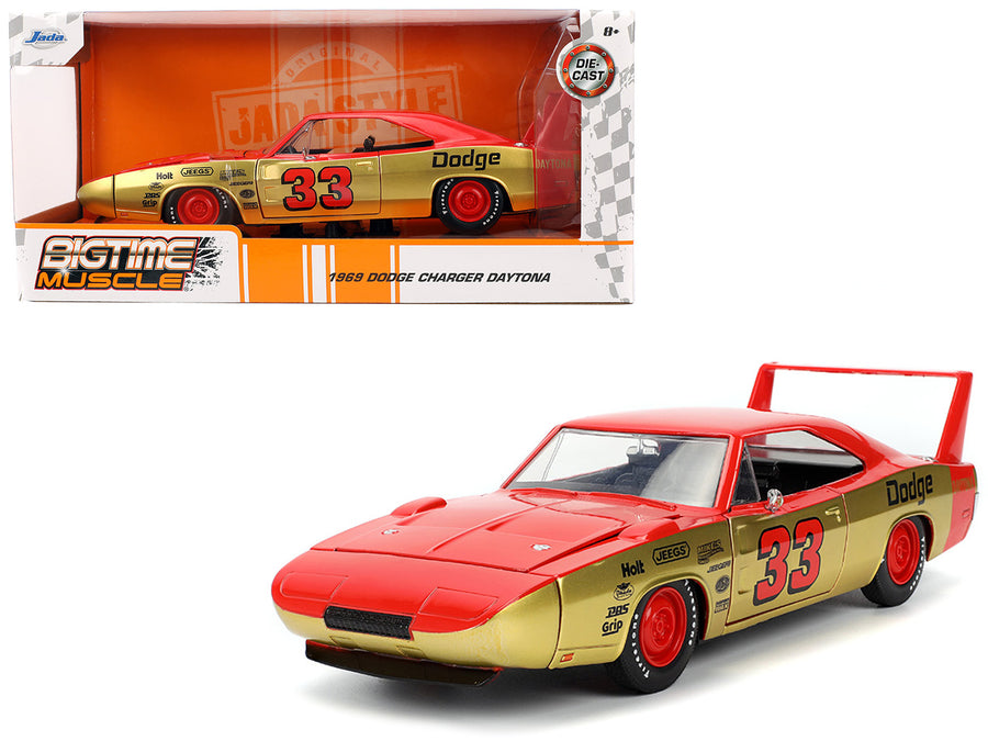 1969 Dodge Charger Daytona #33 Red and Gold Metallic with Graphics "Bigtime Muscle" Series 1/24 Diecast Model Car by Jada