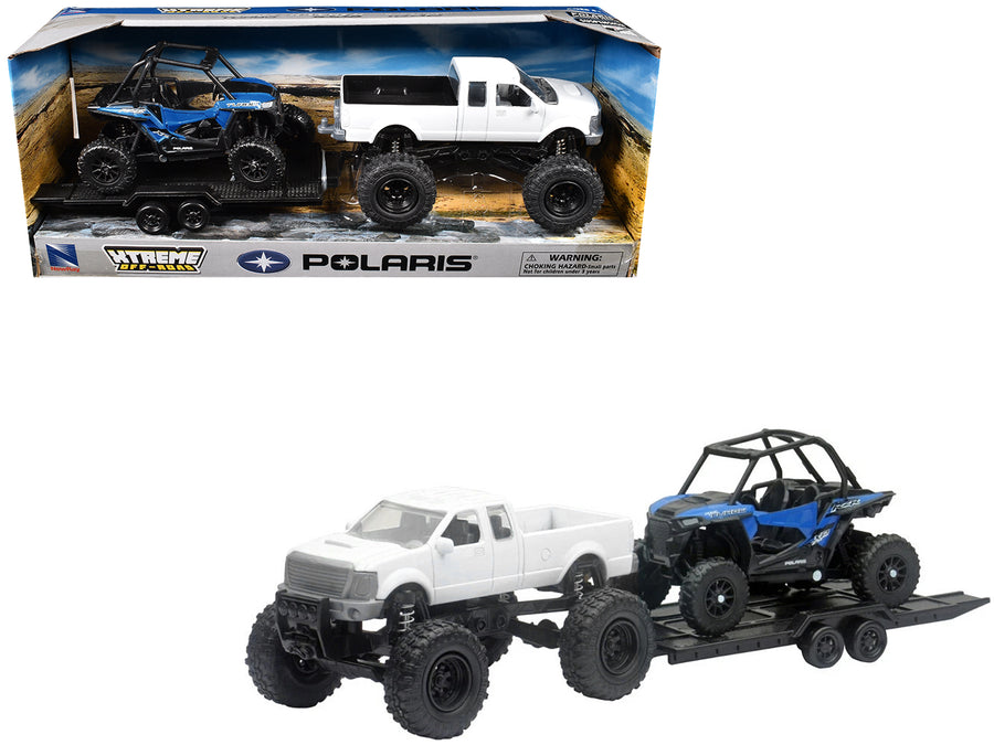Lifted Pickup Truck White and Polaris RZR XP Turbo Blue with Flatbed Trailer "Xtreme Off-Road" Series Diecast Model by New Ray