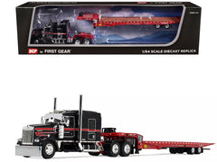 Kenworth W900L with 72" AeroCab Sleeper and Landoll 440B50CA Traveling Axle Trailer Black and Red 1/64 Diecast Model by DCP/First Gear