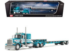 Peterbilt 379 with 48" Flat Top Sleeper and Transcraft Step Deck Trailer Teal with White Stripes 1/64 Diecast Model by DCP/First Gear