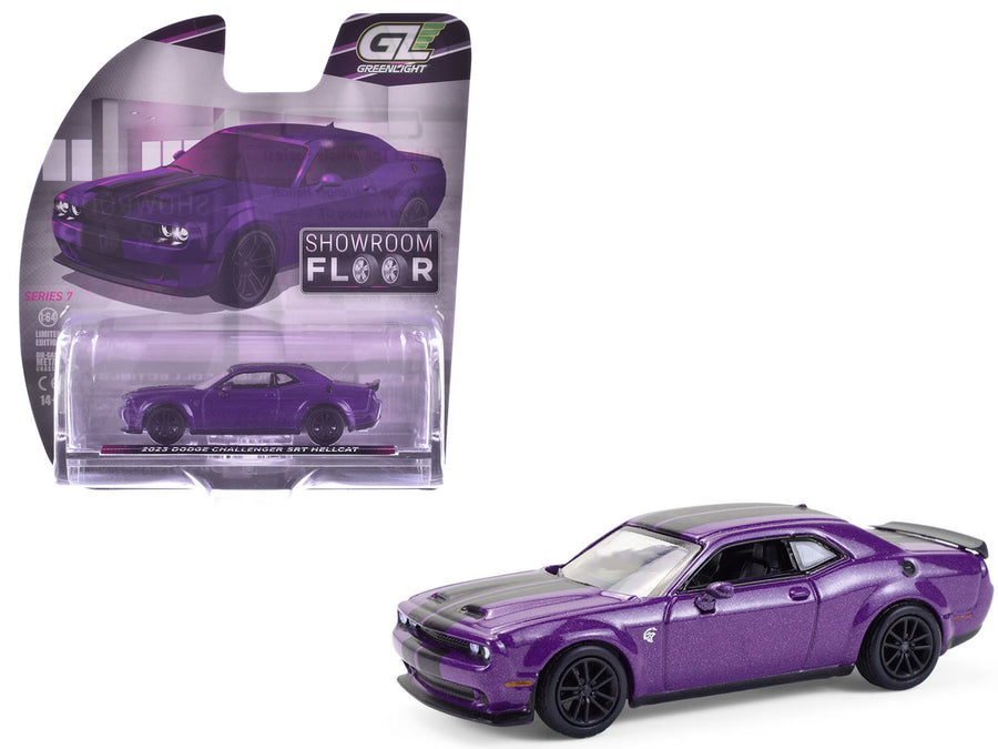 2023 Dodge Challenger SRT Hellcat Plum Crazy Metallic with Black Stripes "Showroom Floor" Series 7 1/64 Diecast Model Car by Greenlight