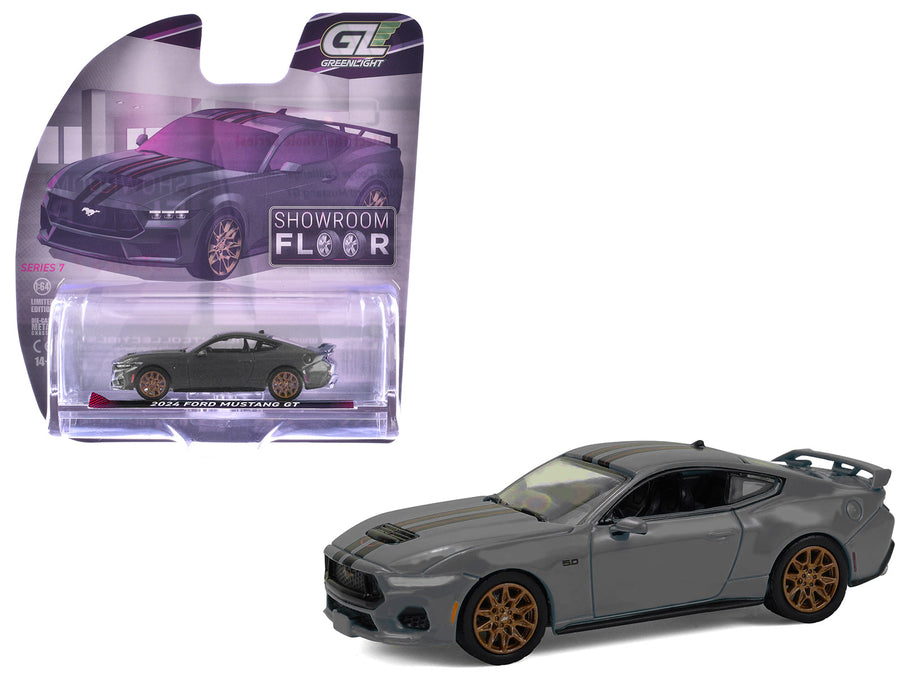 2024 Ford Mustang GT Dark Matter Gray with Black and Red Stripes "Showroom Floor" Series 7 1/64 Diecast Model Car by Greenlight