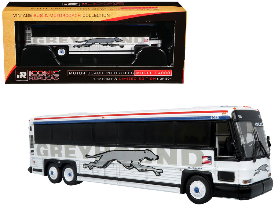 2001 MCI D4000 Coach Bus "Greyhound" White with Red and Blue Stripes "Vintage Bus & Motorcoach Collection" Limited Edition to 504 pieces Worldwide 1/87 (HO) Diecast Model by Iconic Replicas