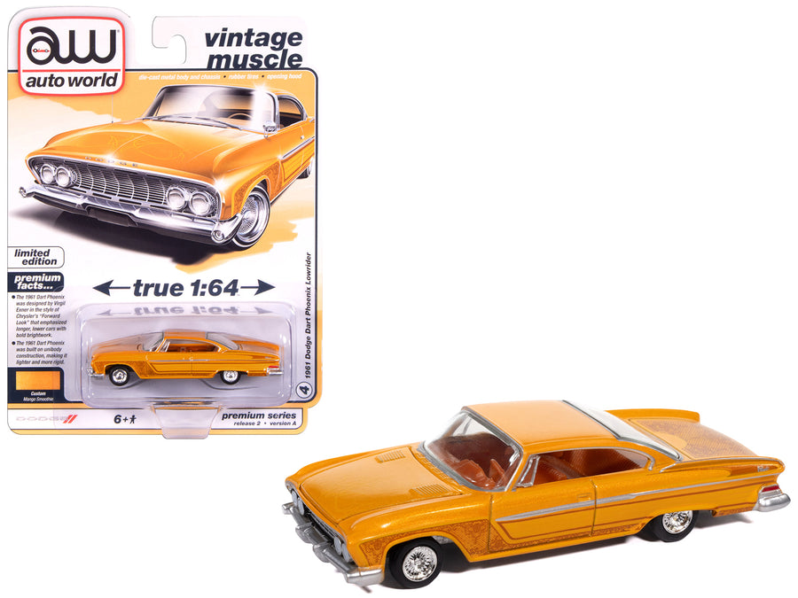 1961 Dodge Dart Phoenix Lowrider Mango Smoothie Metallic with Graphics and Orange Interior "Vintage Muscle" Series 1/64 Diecast Model Car by Auto World