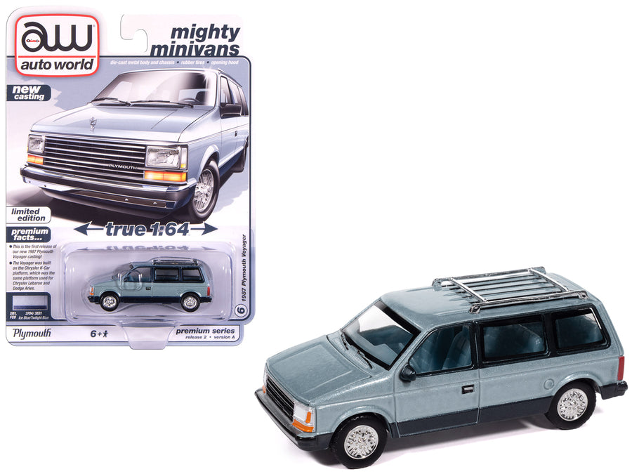 1987 Plymouth Voyager Van Ice Blue Metallic and Twilight Blue Metallic 2-Tone with Blue Interior "Mighty Minivans" Series 1/64 Diecast Model Car by Auto World