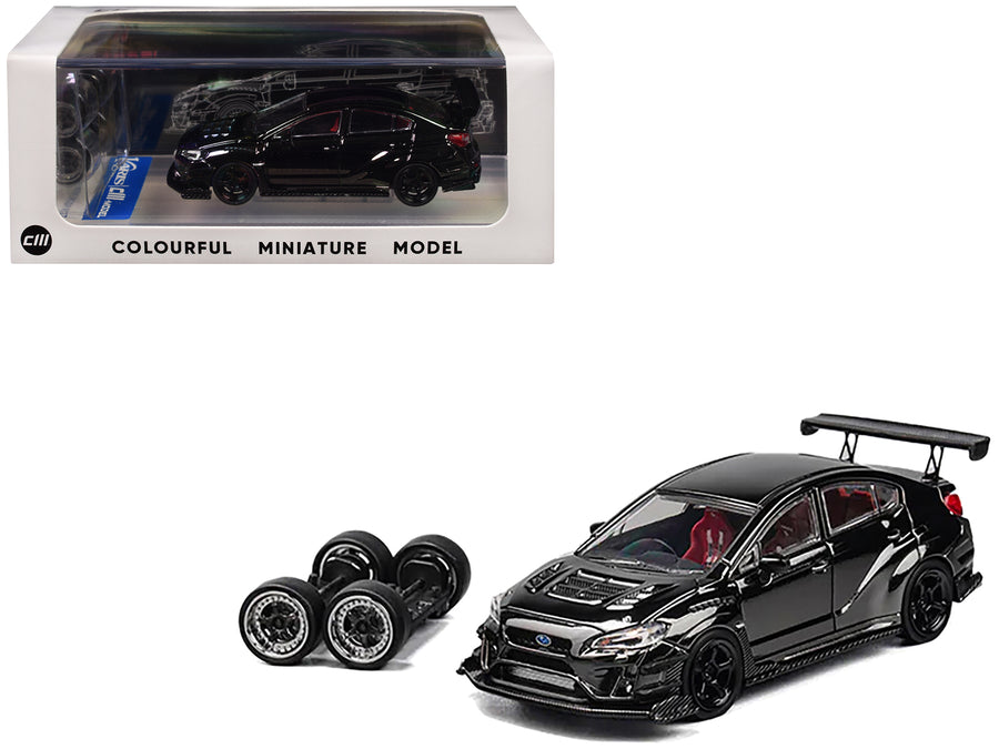 Subaru VAB WRX S4 Widebody Black Metallic with Red Interior with Extra Wheels 1/64 Diecast Model Car by CM Model
