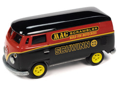 1965 Volkswagen Type 2 Transporter Van Black and Red "Schwinn" and 1976 Ford Econoline Van White and Blue "Mongoose USA Factory Team" "BMX Freestyle" Set of 2 Cars "2-Packs" 2023 Release 2 1/64 Diecast Model Cars by Johnny Lightning