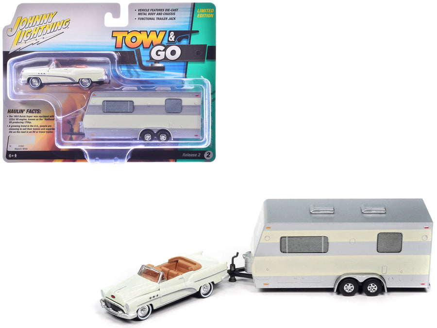 1953 Buick Super Cream with Travel Trailer Limited Edition "Tow & Go" Series 1/64 Diecast Model Car by Johnny Lightning