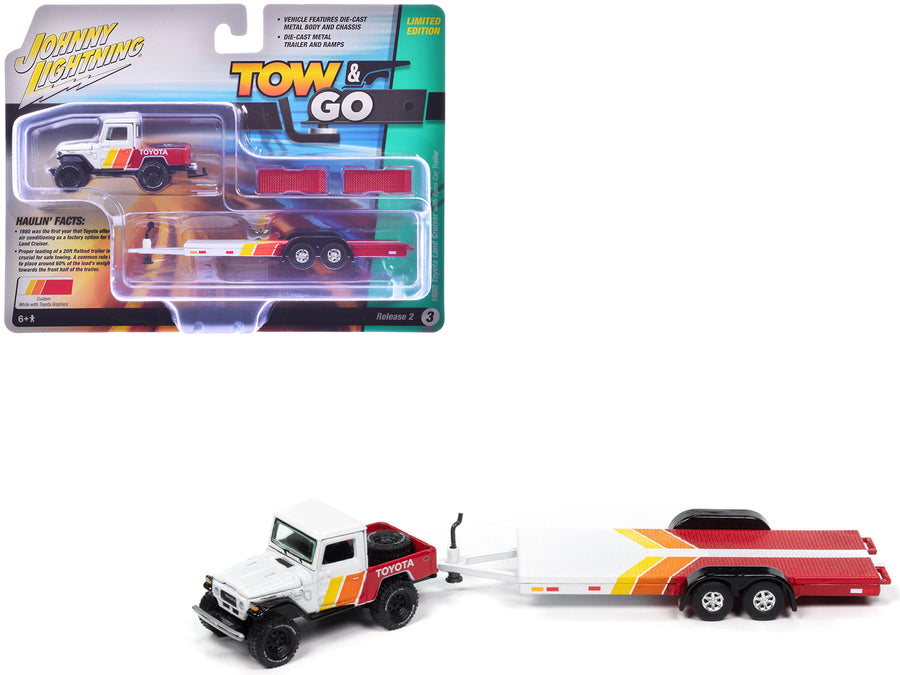 1980 Toyota Land Cruiser Pickup Truck White and Red with Stripes and Open Car Trailer Limited Edition "Tow & Go" Series 1/64 Diecast Model Car by Johnny Lightning
