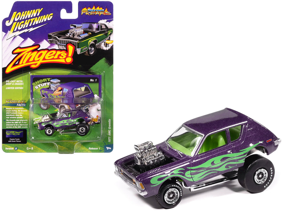 1971 AMC Gremlin Passion Purple Metallic with Green Flames and Interior "Zingers!" Series 1/64 Diecast Model Car by Johnny Lightning