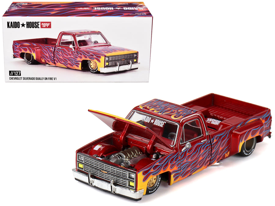 Chevrolet Silverado Dually Pickup Truck "On Fire V1" Red Metallic with Flames and Red Interior (Designed by Jun Imai) "Kaido House" Special 1/64 Diecast Model Car by Mini GT