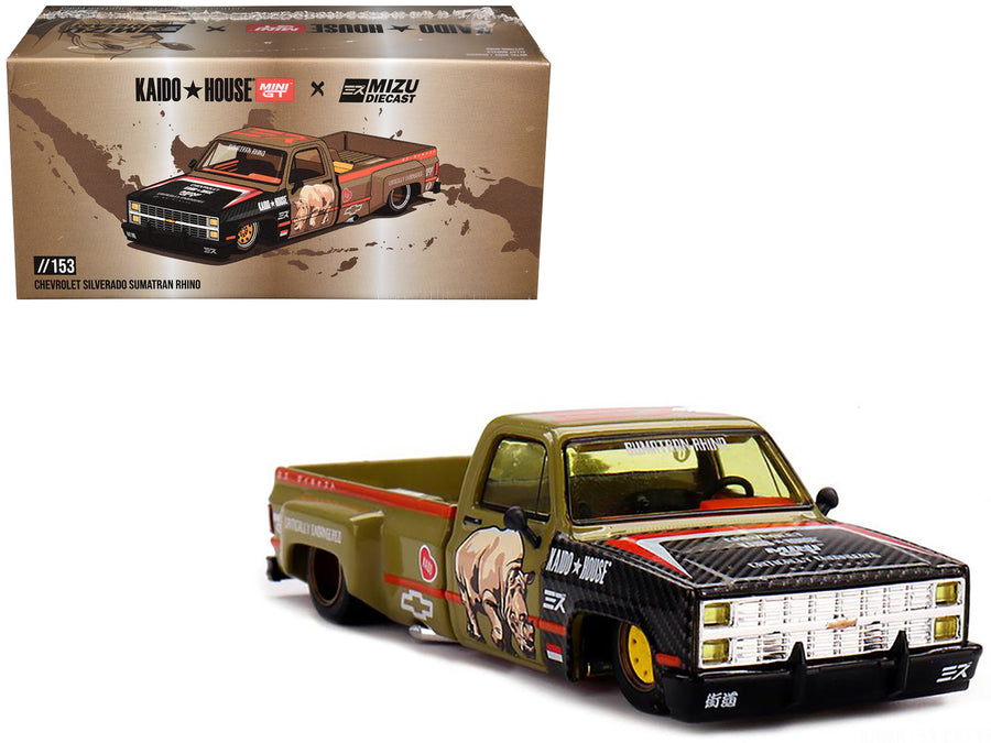 Chevrolet Silverado Dually Pickup Truck "Sumatran Rhino" Tan and Carbon with Graphics (Designed by Jun Imai) "Kaido House" Special 1/64 Diecast Model Car by Mini GT