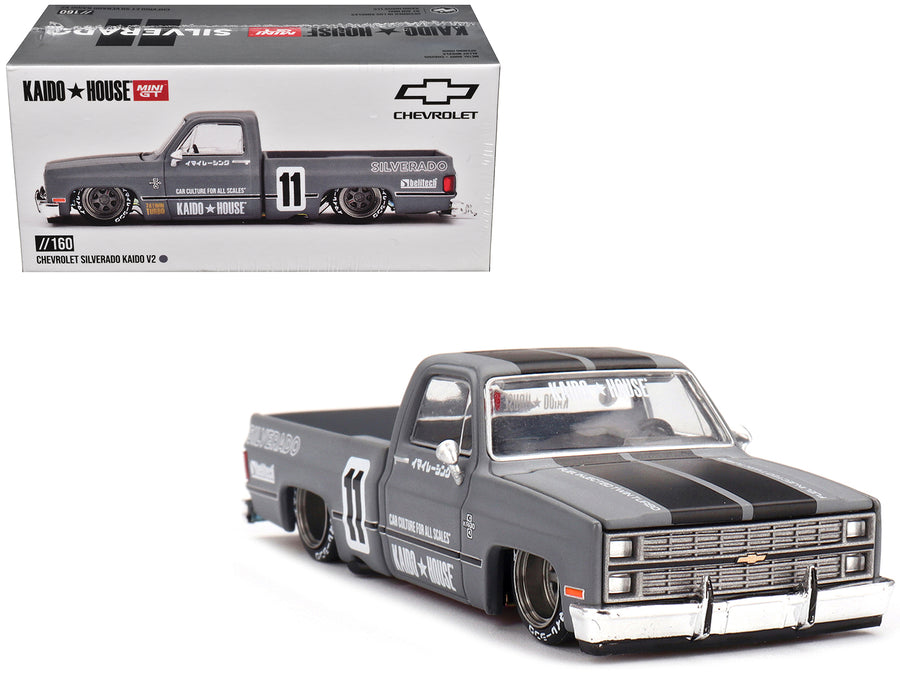 Chevrolet Silverado "KAIDO V2" Pickup Truck #11 Gray with Black Stripes (Designed by Jun Imai) "Kaido House" Special 1/64 Diecast Model Car by Mini GT
