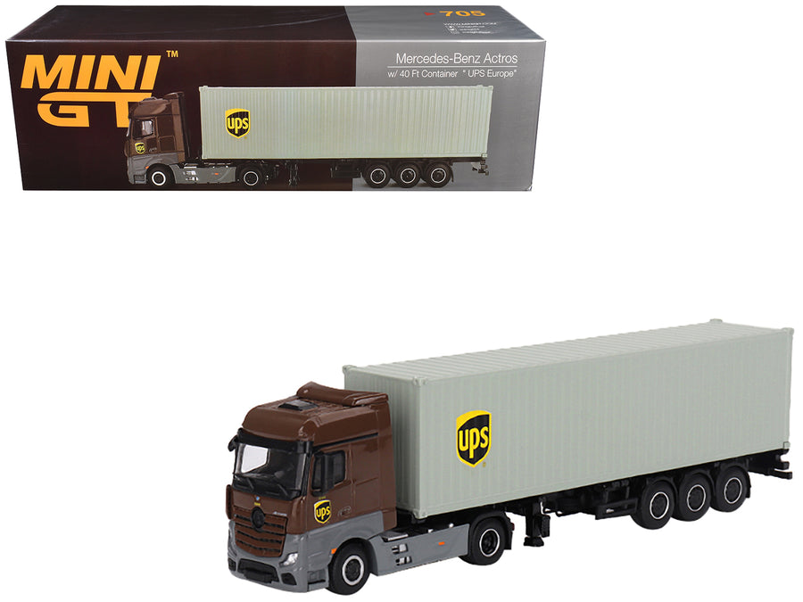 Mercedes-Benz Actros with 40' Container "UPS Europe" Brown and Gray 1/64 Diecast Model by Mini GT