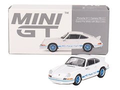 Porsche 911 Carrera RS 2.7 Grand Prix White with Blue Stripes and Wheels Limited Edition to 4800 pieces Worldwide 1/64 Diecast Model Car by Mini GT