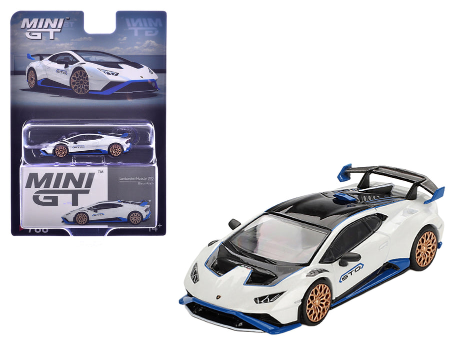 Lamborghini Huracan STO Bianco Asopo White with Black Top and Blue Accents Limited Edition 1/64 Diecast Model Car by Mini GT