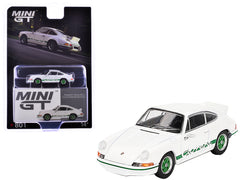 Porsche 911 Carrera RS 2.7 Grand Prix White with Green Stripes and Wheels Limited Edition 1/64 Diecast Model Car by Mini GT