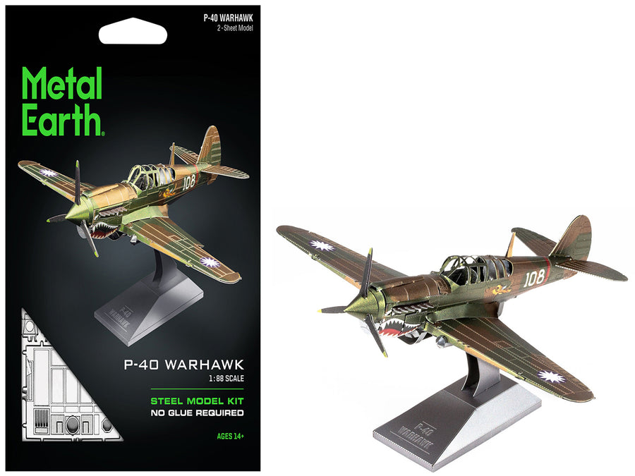 Model Kit Curtiss P-40 Warhawk Fighter-Bomber Aircraft "American Volunteer Group (AVG) Chinese Air Force" (Moderate Difficulty) Steel Model by Metal Earth