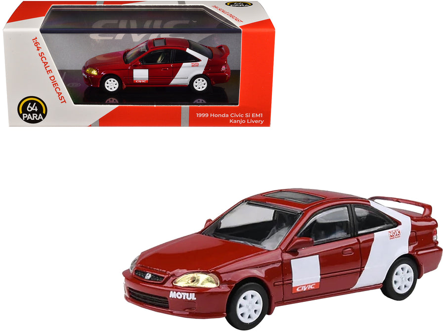 1999 Honda Civic Si EM1 "Kanjo Livery" Red with White Stripes 1/64 Diecast Model Car by Paragon Models