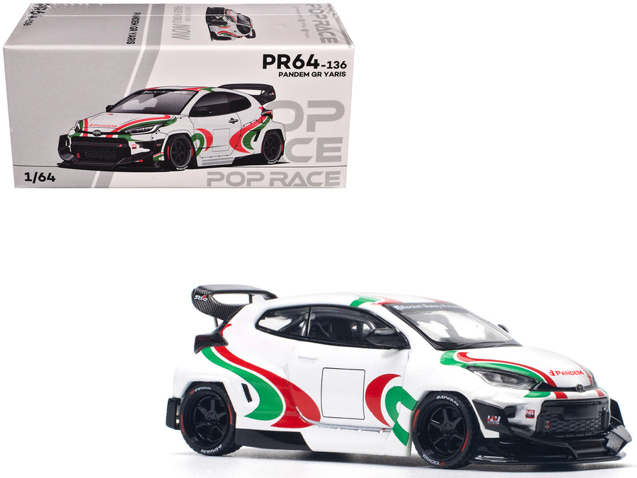 Toyota Pandem GR Yaris RHD (Right Hand Drive) "Rally Livery" White with Red and Green Graphics 1/64 Diecast Model Car by Pop Race