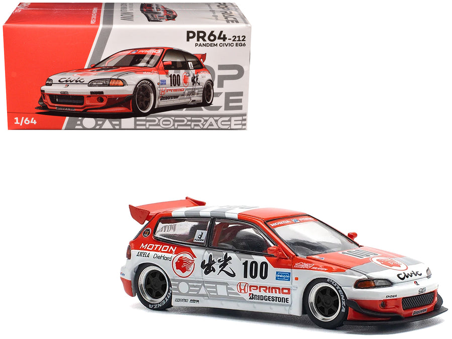 Pandem Civic EG6 V1.5 RHD (Right Hand Drive) #100 "Idemitsu Motion Infinite" White and Red with Graphics 1/64 Diecast Model Car by Pop Race