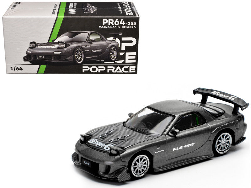 Mazda RX7 (FD) "RE Amemiya" Widebody RHD (Right Hand Drive) Gunmetal Gray Metallic with Carbon Hood 1/64 Diecast Model Car by Pop Race