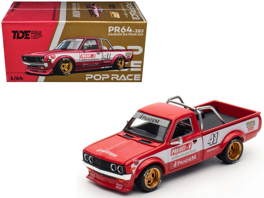 Datsun Pandem 620 Pickup Truck #41 Red Metallic with White Stripes and Graphics "2025 Thailand Diecast Expo" 1/64 Diecast Model Car by Pop Race