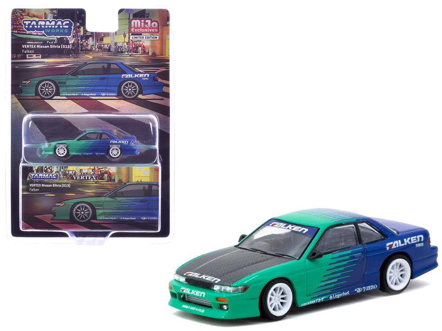 Nissan Silvia (S13) Vertex RHD (Right Hand Drive) "Falken Tires" Green and Blue wuth Carbon Hood "Global64" Series 1/64 Diecast Model by Tarmac Works