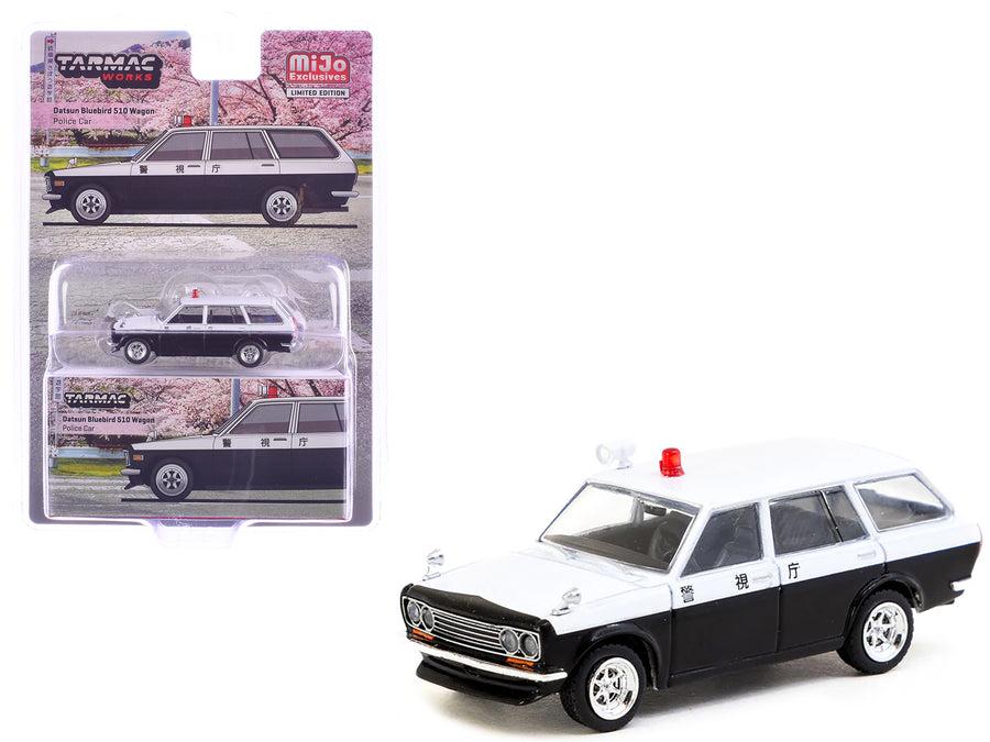 Datsun Bluebird 510 Wagon "Japan Police Car" Black and White "Global64" Series 1/64 Diecast Model by Tarmac Works