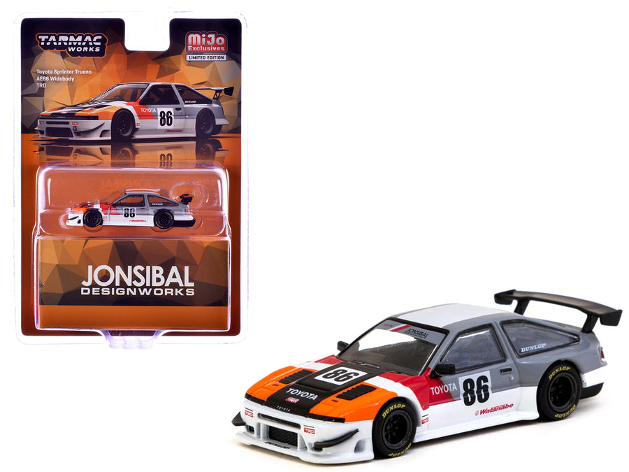 Toyota Sprinter Trueno AE86 Widebody RHD (Right Hand Drive) #86 "TRD-Jonsibal Designworks" White and Gray with Graphics "Global64" Series 1/64 Diecast Model by Tarmac Works