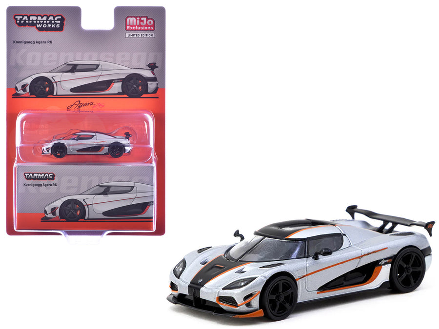 Koenigsegg Agera RS Moon Silver Metallic with Black and Orange Stripes "Global64" Series 1/64 Diecast Model by Tarmac Works