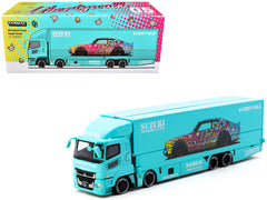 Mitsubishi Fuso Truck with Transporter "Liberty Walk - Suzuki Transport" Light Blue with Graphics "Truck64" Series 1/64 Diecast Model Car by Tarmac Works