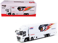 Mitsubishi Fuso Truck with Transporter "Team MUGEN - HRC" White with Graphics "Truck64" Series 1/64 Diecast Model Car by Tarmac Works