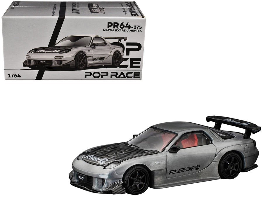 Mazda RX-7 RE-Amemiya RHD (Right Hand Drive) Silver Metallic with Carbon Hood "Japan Minicar a Gogo Exclusive" 1/64 Diecast Model Car by Pop Race